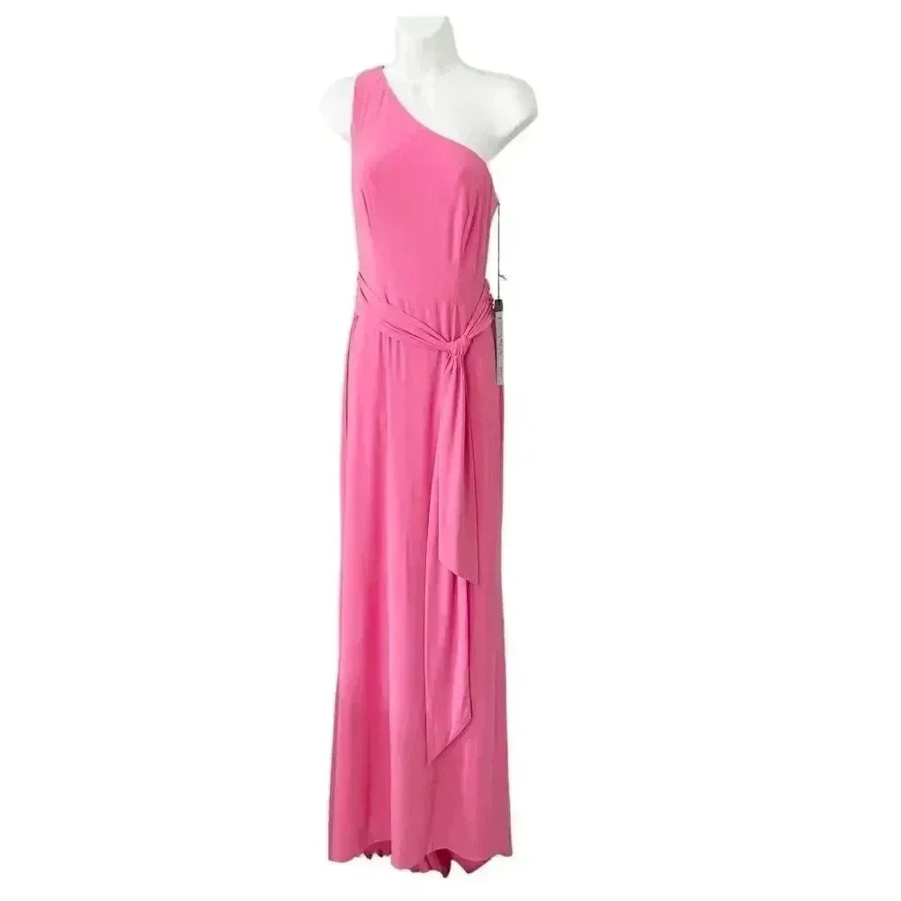 NWT Mac Duggal Jersey One Shoulder Belted Trumpet Gown Candy Pink size 6 - Picture 3 of 10